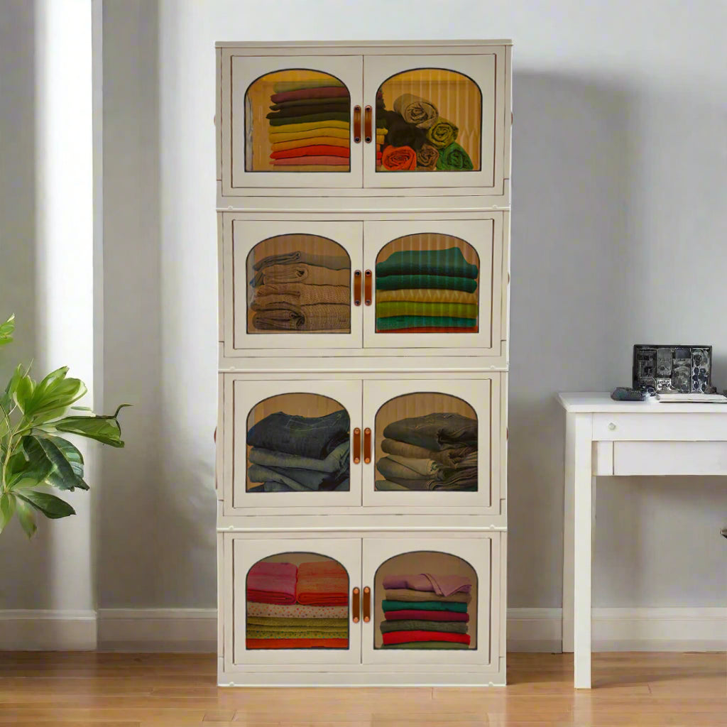 Stackable Storage Bins with Lids Collapsible Plastic Drawers - 4 Pack