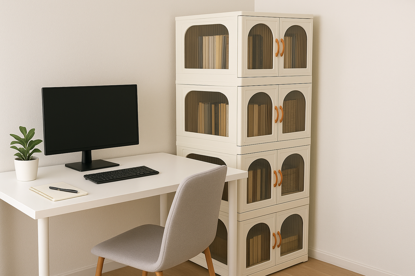 Plastic storage unit next to white desk in home office corner