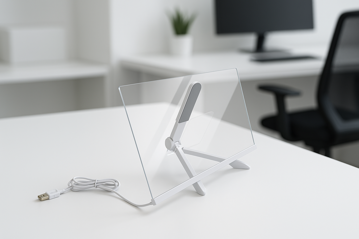 Transparent display stand with USB cable on a white office desk