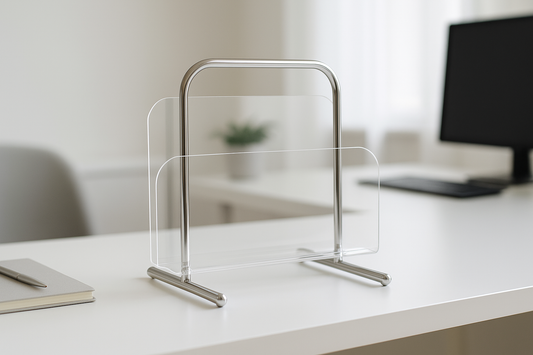 Acrylic book stand lifestyle image on white desk