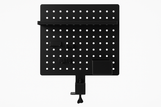 Black pegboard desk organizer on white background
