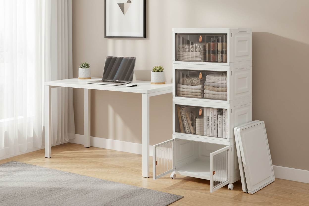 Stackable foldable storage bins neatly organized in a modern home office beside a white desk with natural lighting