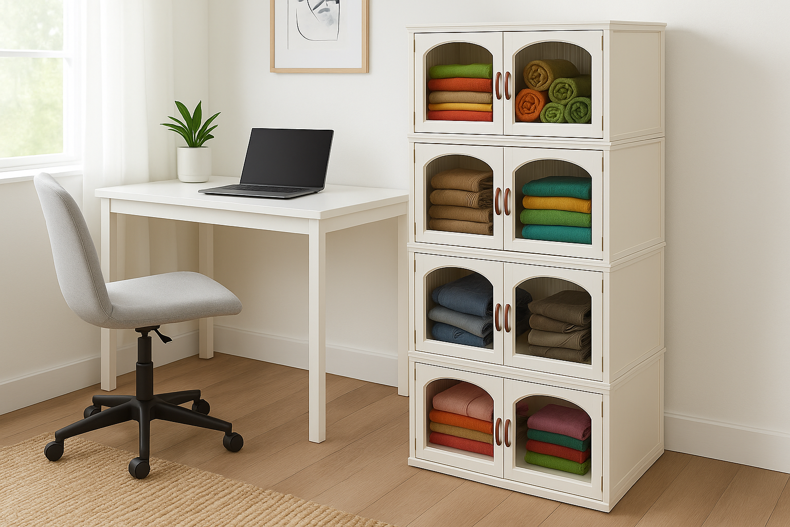 Lifestyle banner with actual stackable storage bins in home office corner