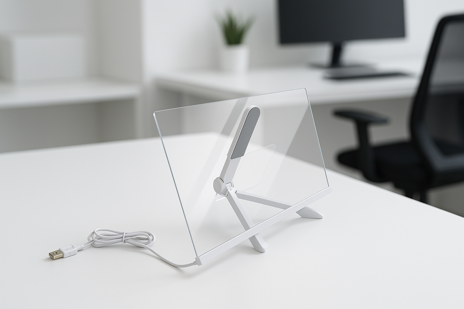 Transparent display stand with USB cable on a white office desk