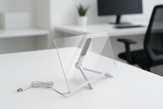 Transparent display stand with USB cable on a white office desk